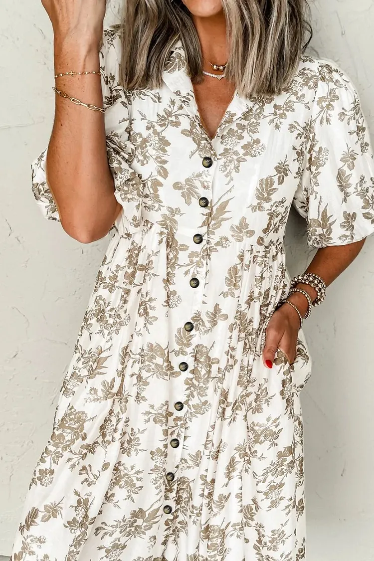 Printed Button Front Puff Sleeve Dress
