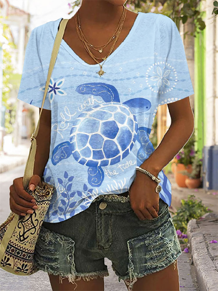 Ocean Turtle Graphic Print V Neck Casual T Shirt  artssus