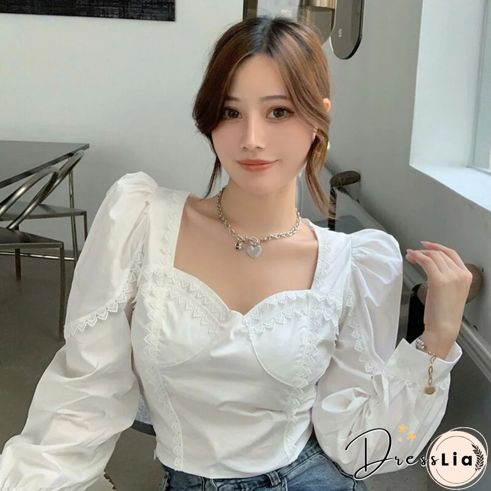 Korean Fashion Elegant Lace Blouse Women Puff Sleeves Shirt Office Style Solid White Clothes Blusas Mujer De Moda Verano