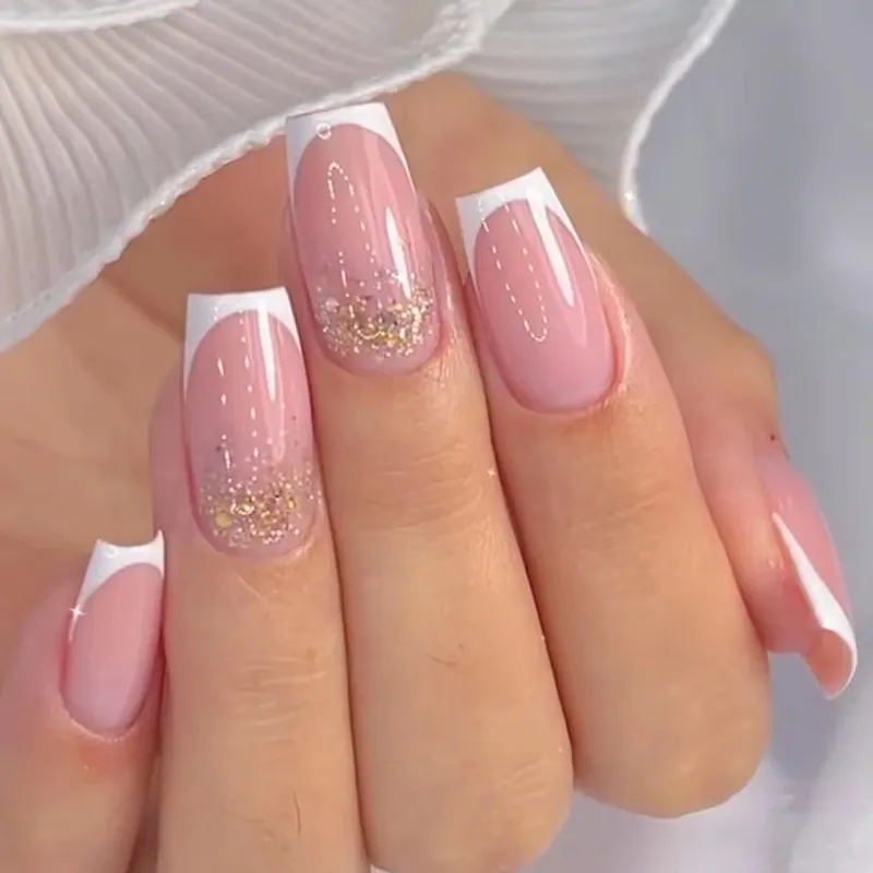 Churchf Churchf Long Ballet Armour Pure White French Simple Flash Pink Girl Gentle Pink Tender Wear Nail Nail Piece