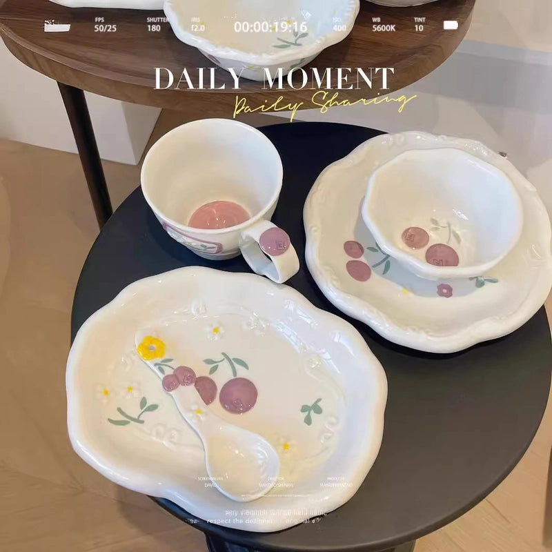 Embossed Fruit Air Cake Plate Household Ceramic Tableware Rice Bowl Disc Deep Plate Cream Color Cute High Face