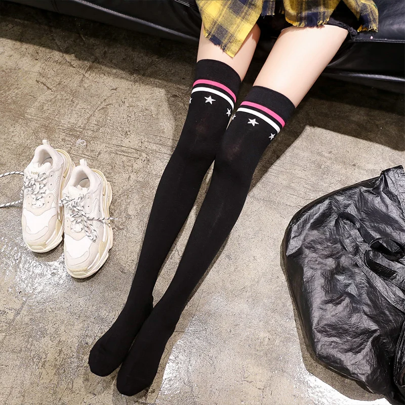 Two-bar star silicone Black Thigh High Socks