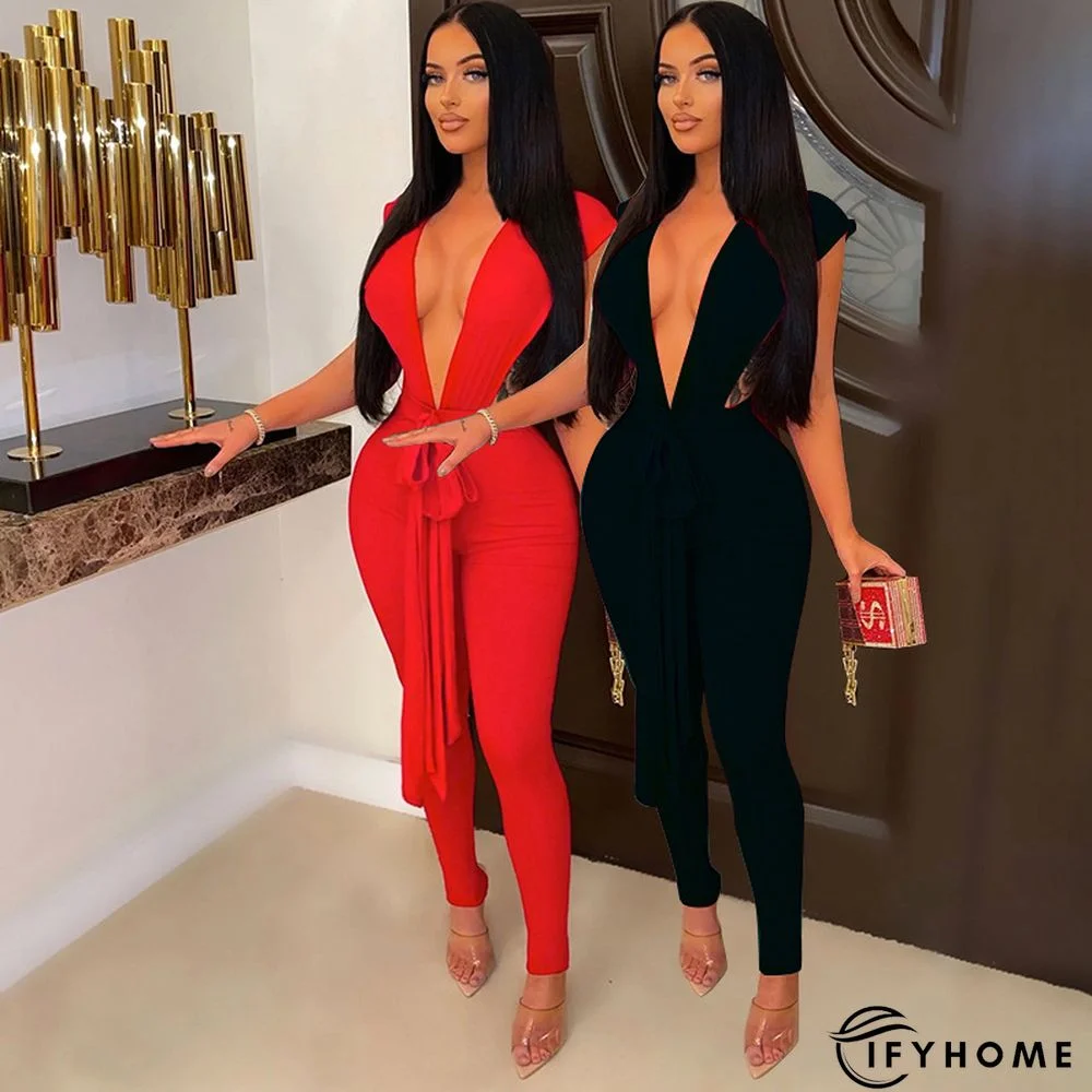 Solid Color Deep V Neck Tight Jumpsuit | IFYHOME