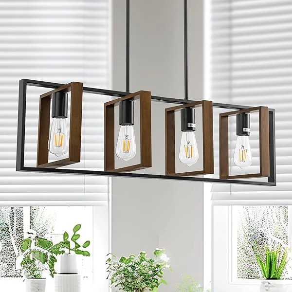 33.7'' Kitchen Island Lighting, 4-Lights Dining Room Light Fixtures, Farmhouse Pendant Lights for Kitchen, Adjustable Farmhouse Chandelier with Brown Wood and Black Metal