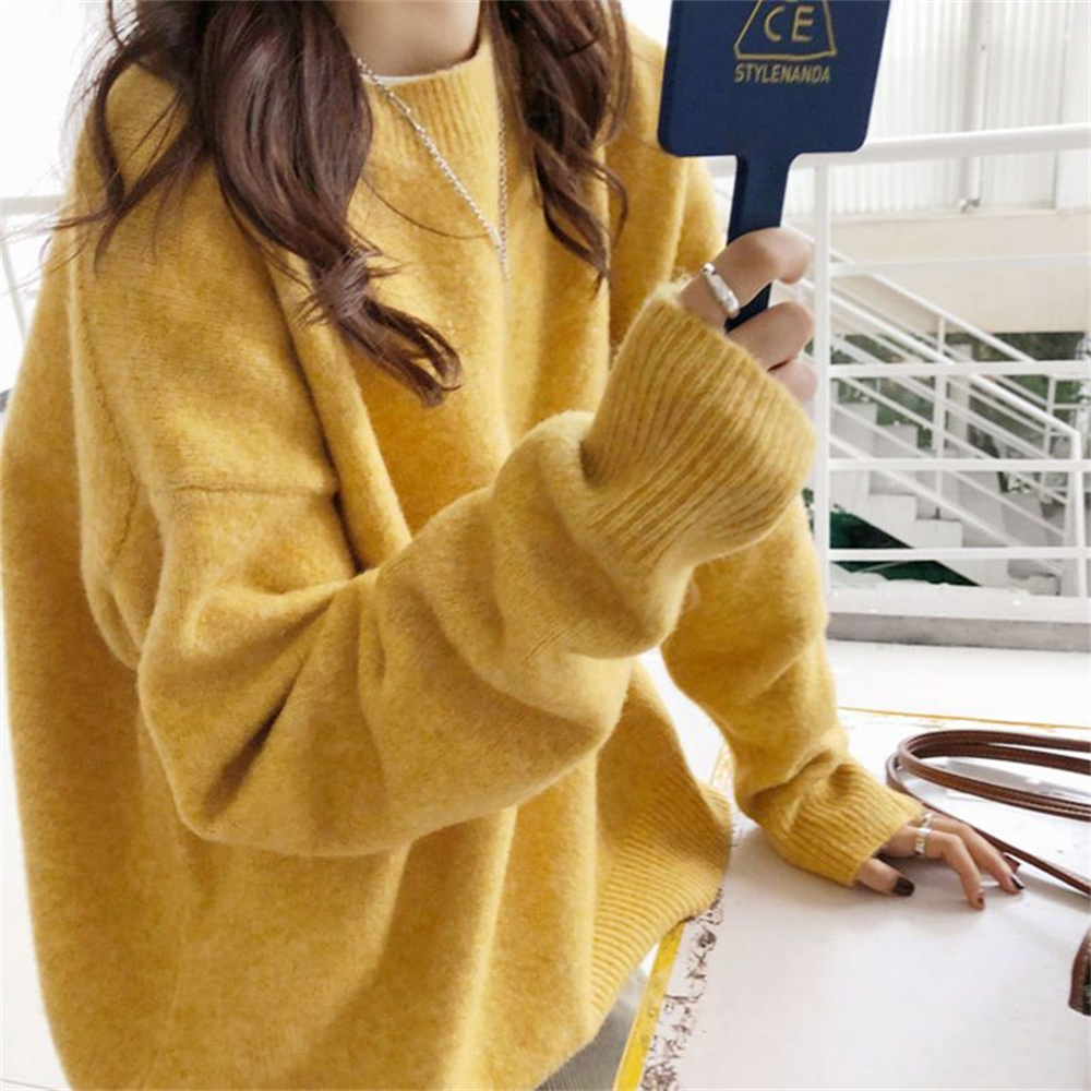 Skillofyz Pullovers Korean Women's O Neck Sweater Loose Long Sleeve Pullover Fall Winter Thick Knitwear Tops Solid Color Casual sweaters