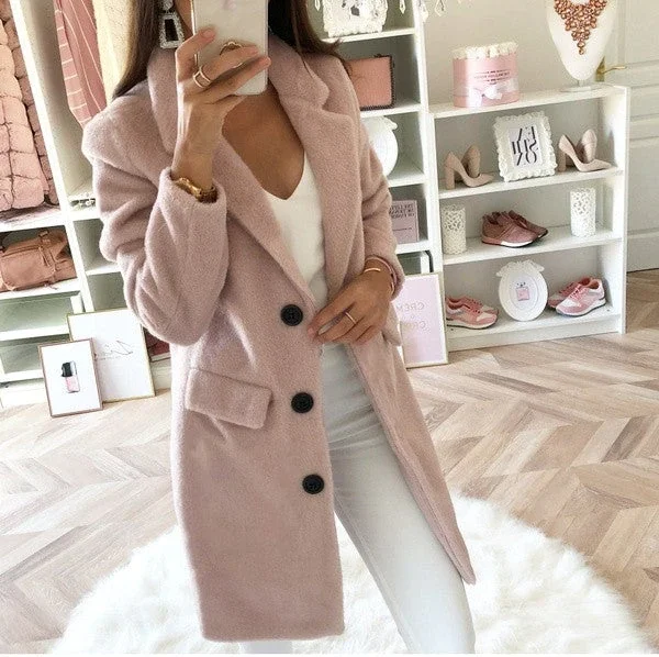 Autumn And Winter Solid Color Suit Collar Medium Long Double Row Button Wool Coat Women | EGEMISS