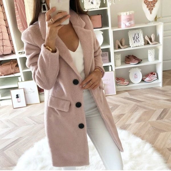 Autumn and Winter Solid Color Suit Collar Medium Long Double Row Button Wool Coat Women | IFYHOME