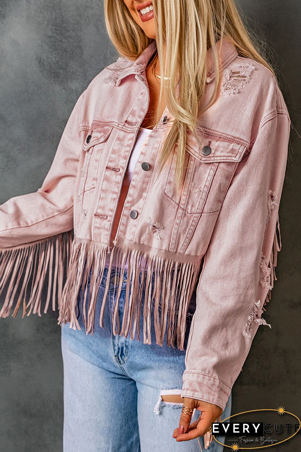 Pink Distressed Fringed Cropped Denim Jacket