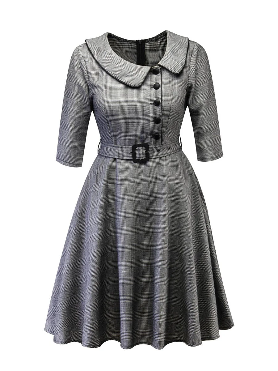 Women's Plus Size Dresses Retro Hepburn Style Lapel Mid-sleeve Plaid Swing Dresses