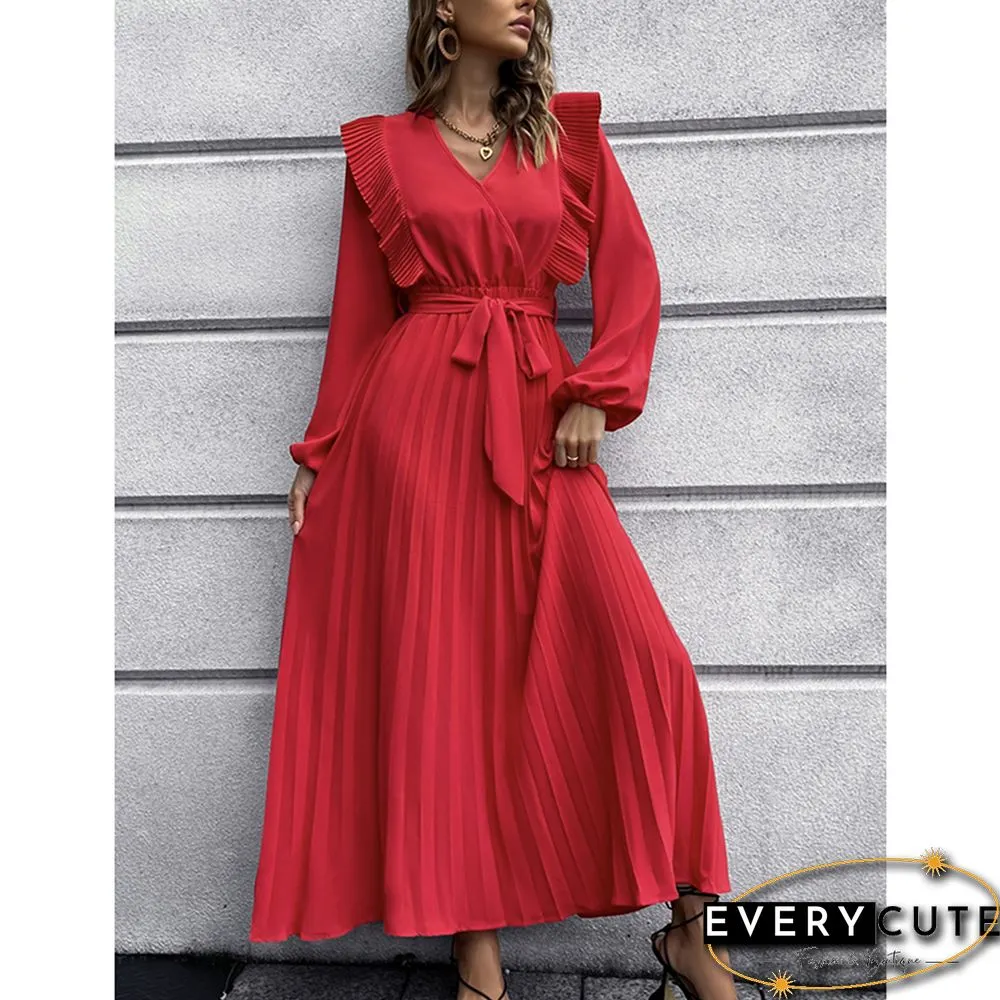 Red V Neck Pleated Tie Waist Swing Maxi Dress