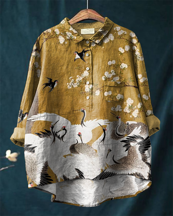Japanese Style Crane Floral Art Print Vintage Cotton and Linen Shirt