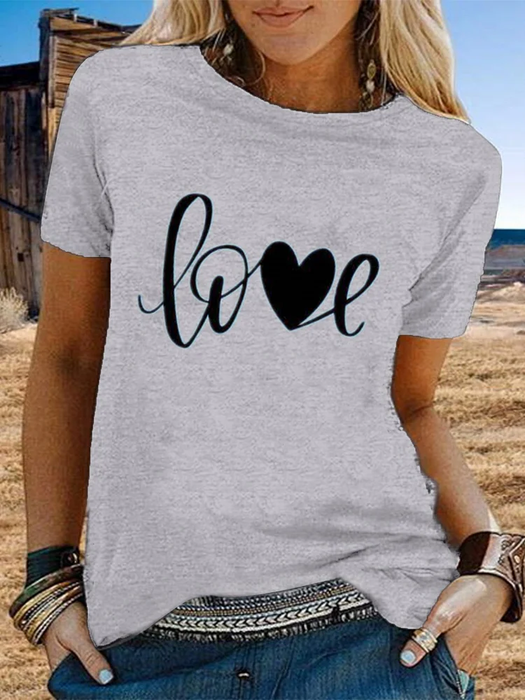 Bestdealfriday Vintage Short Sleeve Love Letter Printed Crew Neck Plus Size Casual Tops 9326777