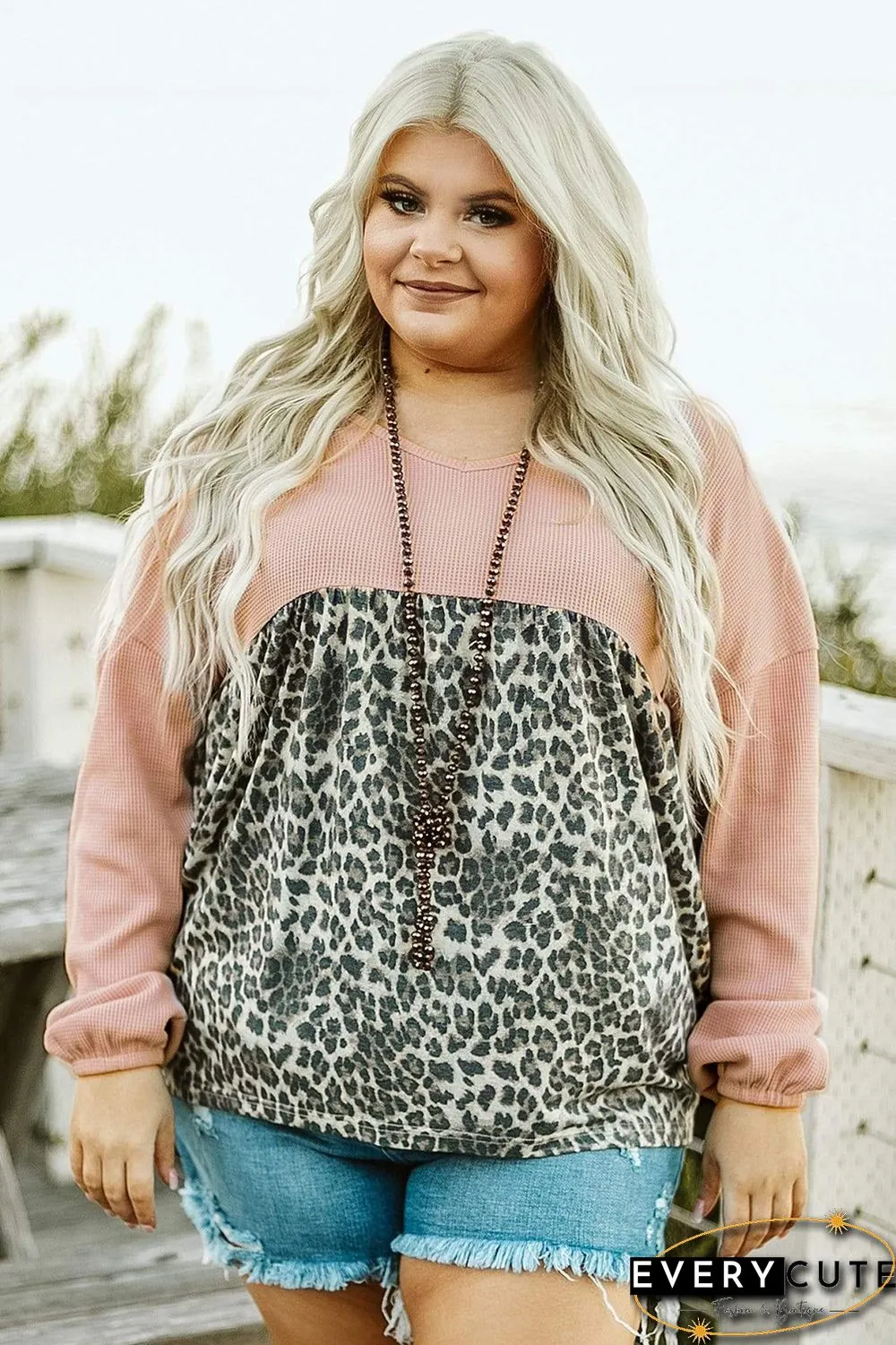 Pink V Neck Waffle Knit Leopard Splicing Plus Size Top
