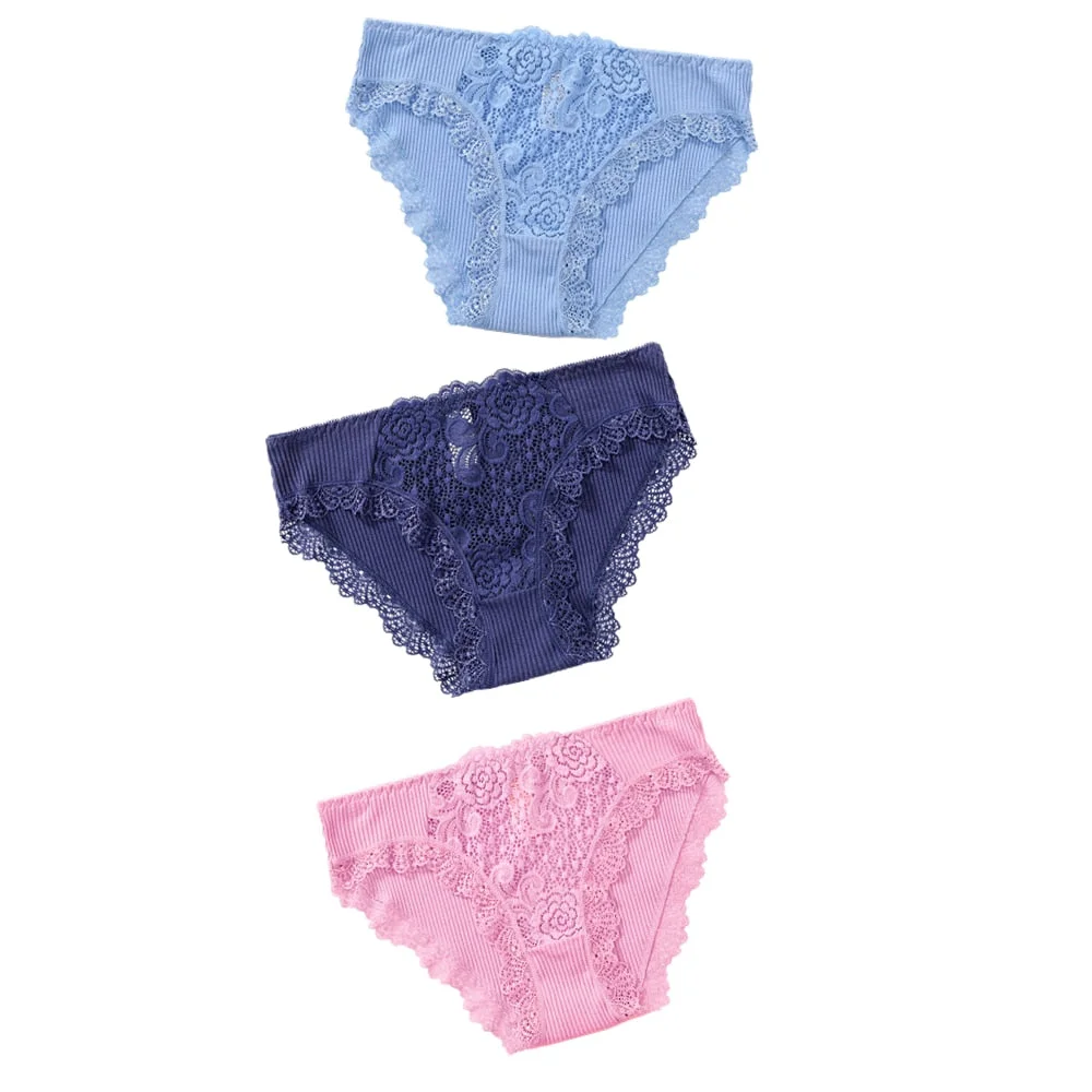 3PCS Cotton Panties Underwear Solid Women Sexy Lace Underpants Soft Briefs Set Female Intimates Plus Size Lingerie Panty XL XXL
