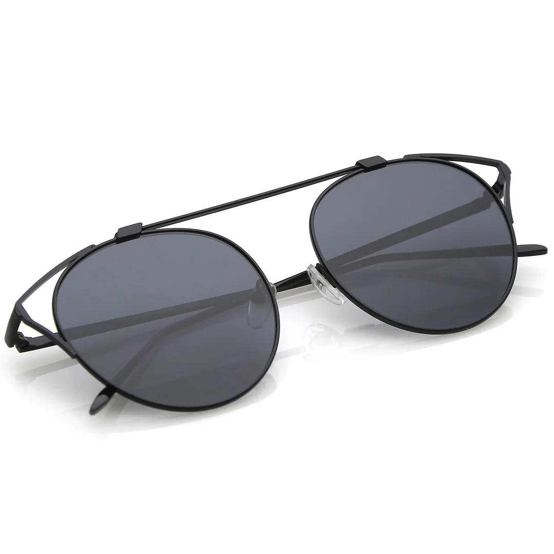 Oversize Open Metal Cat Eye Glasses With Crossbar Round Tinted Flat Lens 55mm