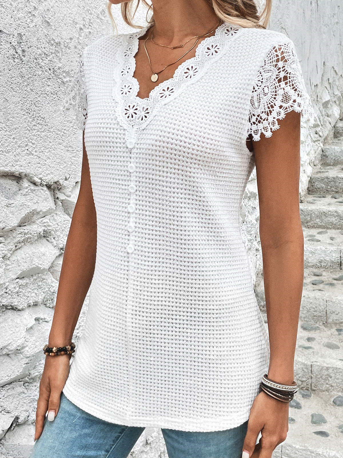 Women Short Sleeve V-neck Solid Button Lace Tops