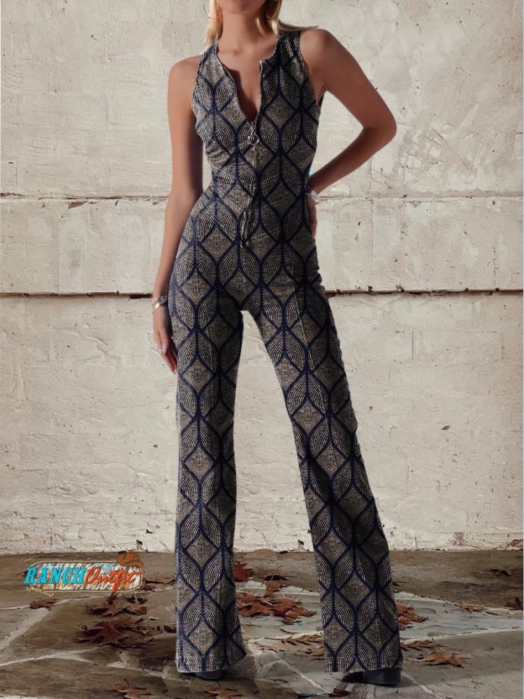 Dark Blue Women’s Panels With Gold Lines Print Casual Denim Jumpsuit Multicolor / Xs