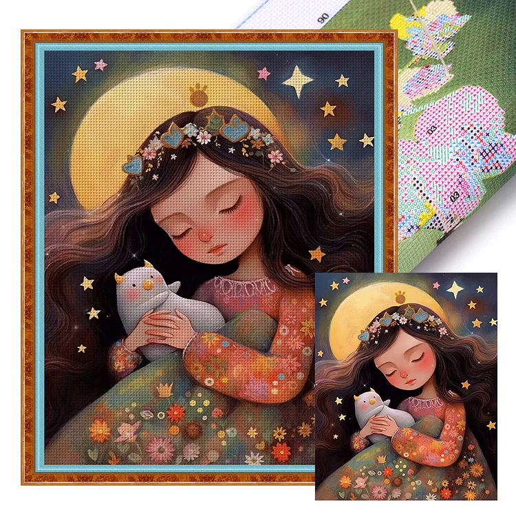 Sleeping Girl And Kitten - Printed Cross Stitch 11CT 40*50CM