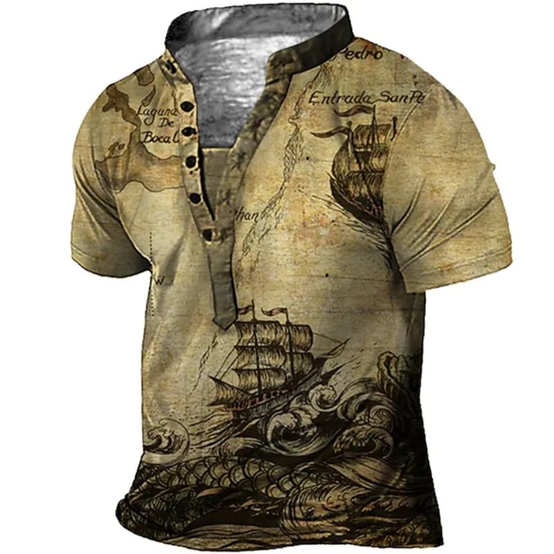 Men's Outdoor Sports Rudder Sail Print Short Sleeve Henley T shirt 