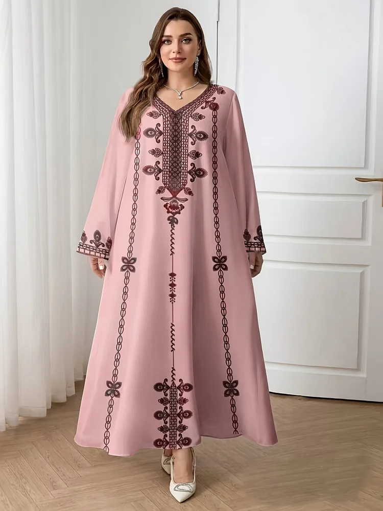 Elegant Plus Size V-Neck Maxi Dress | Long Sleeve, Loose Fit, All-Season Wear, White With Brown Accents, Formal Attire, Flowy Fabric