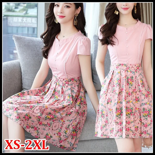 Summer New Vintage Plus Size Floral Cotton Sundress Korean Boho Beach Mini Dress Elegant Women Short Sleeve Pink Vestidos