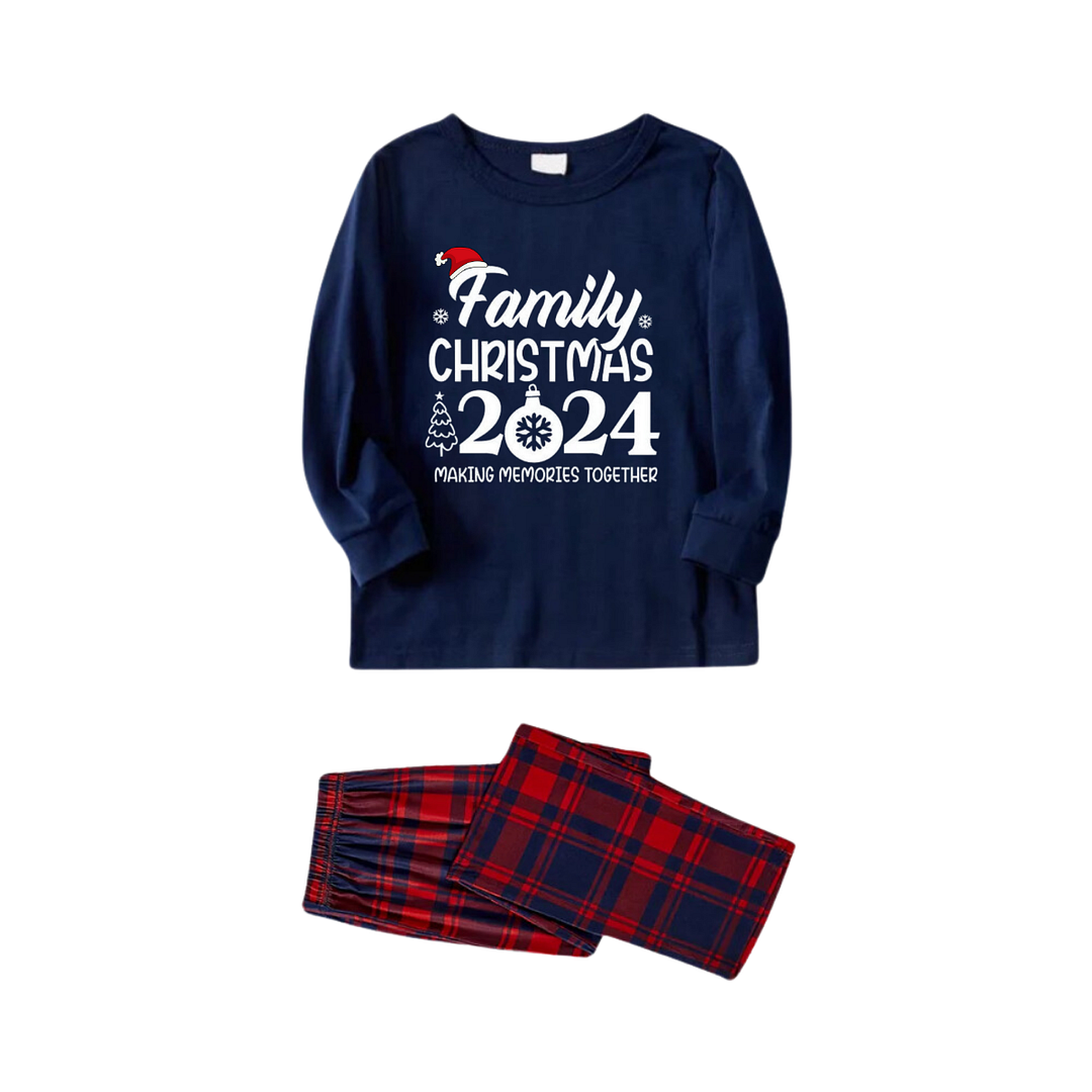 "Family Christmas 2024" Text Prints Blue Long Sleeves Top with Red and Blue Plaid Pants Christmas Matching Pajamas