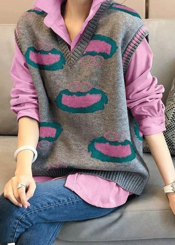 VCSHOES Rose Peter Pan Collar Shirts And Vest Knit Two Pieces Set Fall