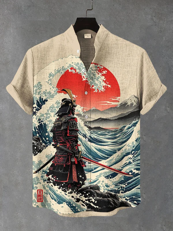 Men's Sunset Waves Samurai Japanese Art Print Short Sleeve Shirt