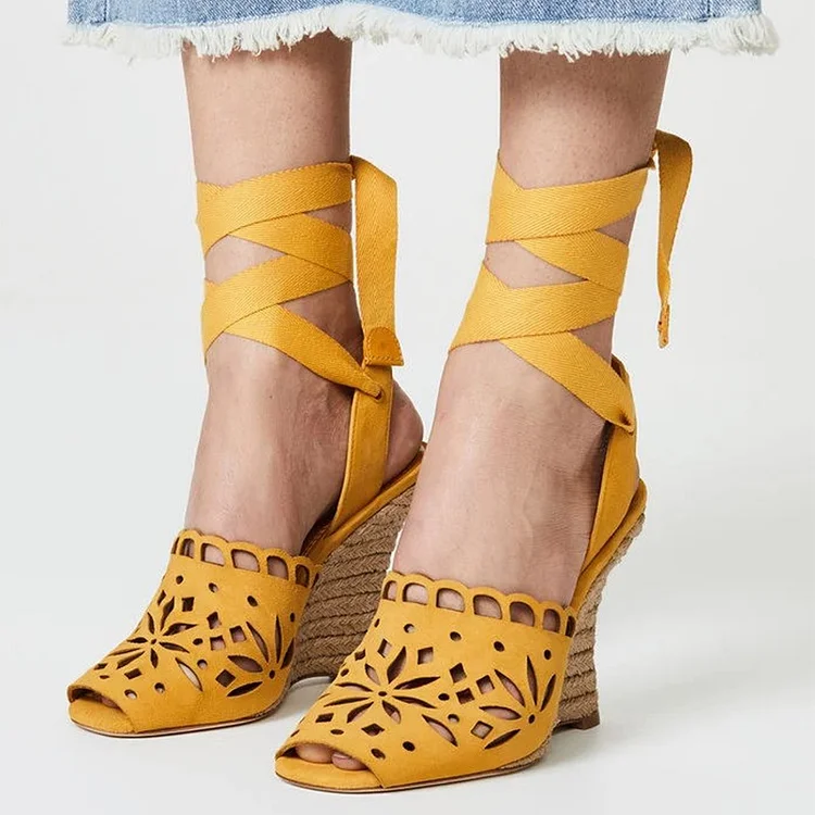 Yellow Hollow Out Wedge Heels Ankle Strappy Sandals |FSJ Shoes