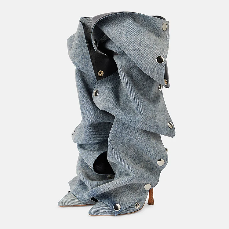 Blue Pointed Toe Stiletto Snap Button Below The Knee Denim Boots |FSJ Shoes
