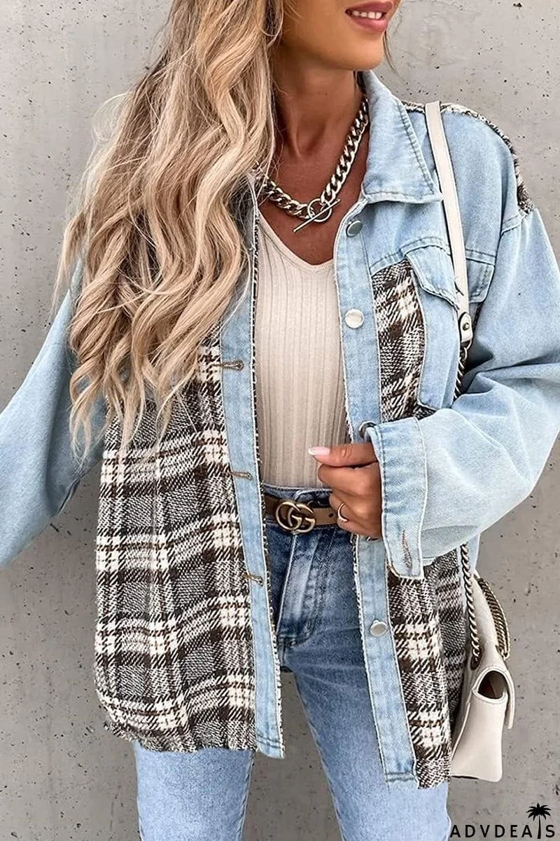 Street Plaid Striped Patchwork Pocket Turndown Collar Outerwear(6 Colors)