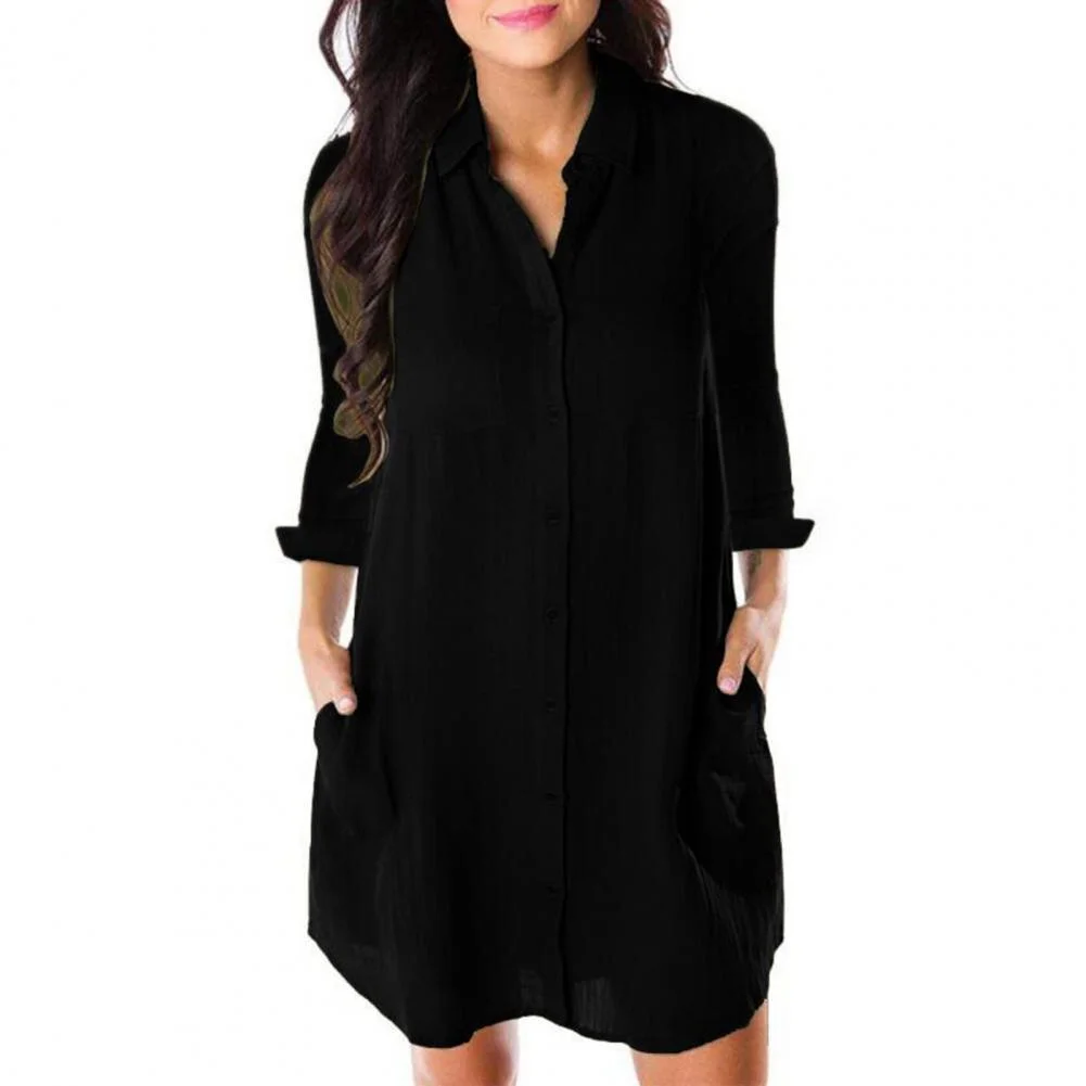 Office Lady Shirt Dresses Loose Cardigan Blouses Turn-down Collar Single Breasted Pocket Casual Long Sleeve Shirt Dress robe