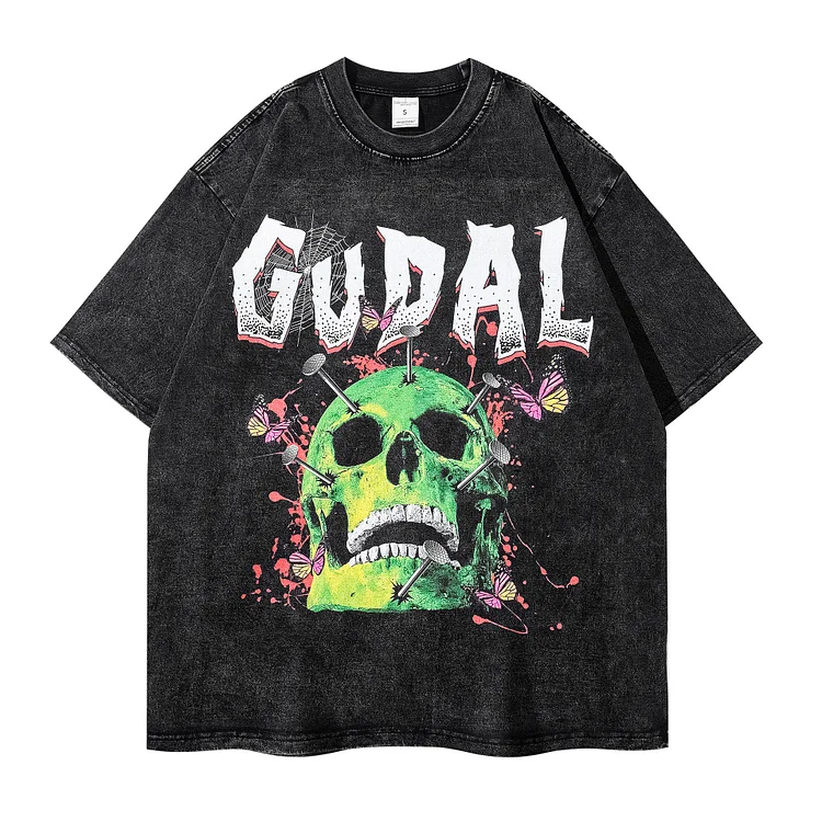 Loose Skull Hip Hop Print Distressed Short Sleeve T-Shirt at Hiphopee