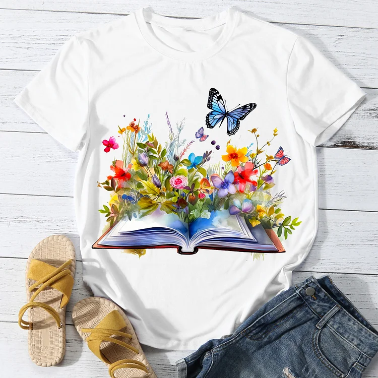 Colorful Flowers With Book Casual Round Neck T-Shirt -BSTC1628