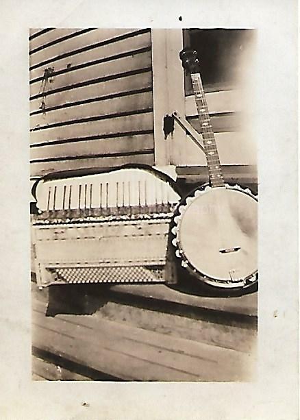 BANJO ACCORDIAN STILL LIFE Found Photo Poster painting bw Original Snapshot VINTAGE 010 2 E