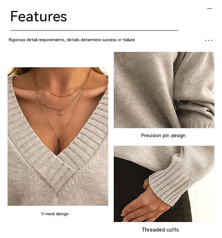 Solidny sweter z dekoltem w szpic Modny, luźny, dzianinowy top damski z długimi rękawami Koalakits36