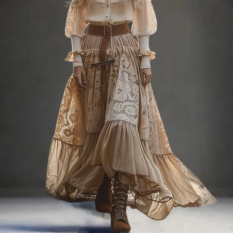 Vintage Lace Patchwork High Rise Pleated Maxi Skirt
