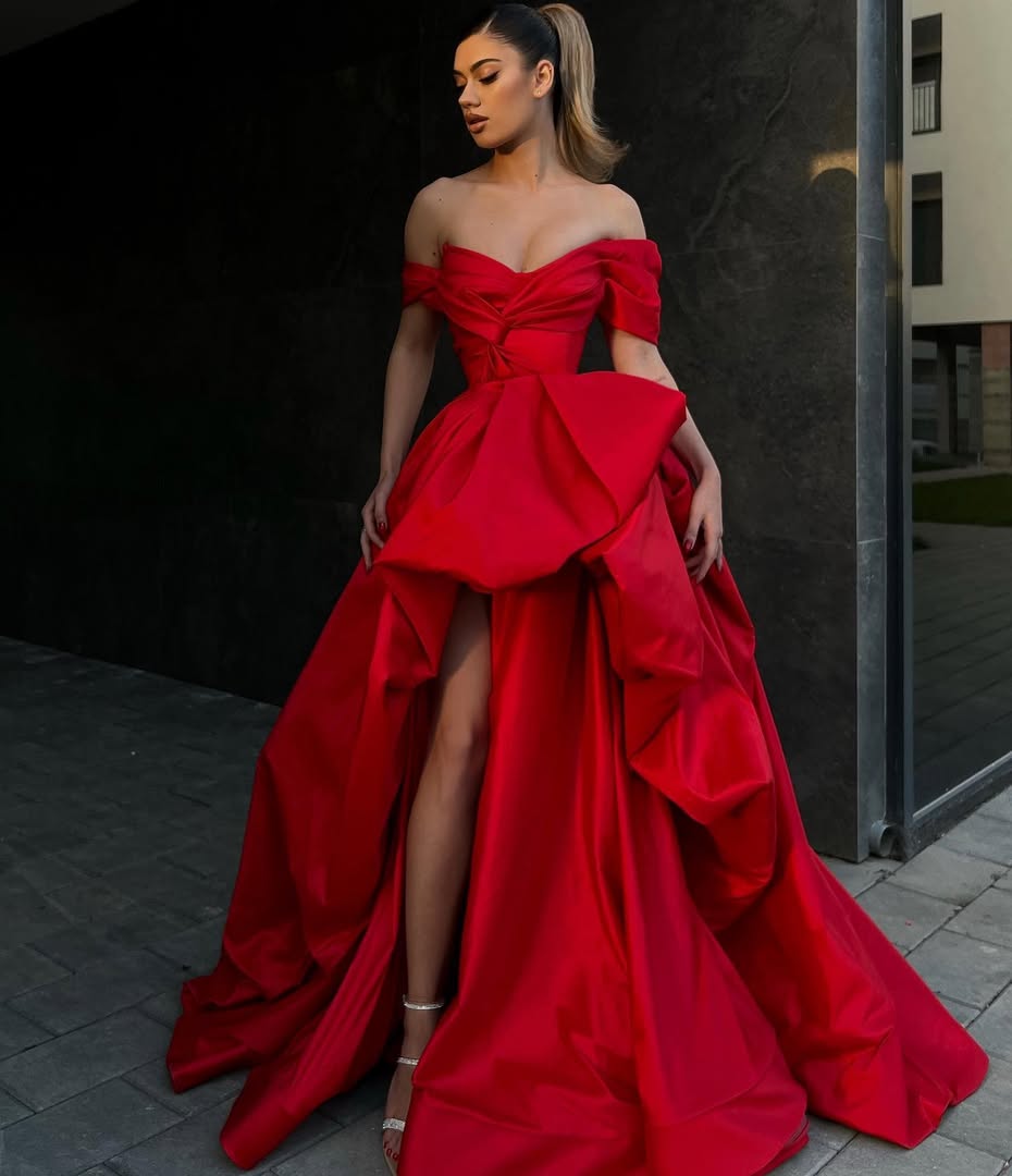 Ovlias Red Off-Shoulders V-Neck Prom Dress Floor Length Pleated with Split ZC0425