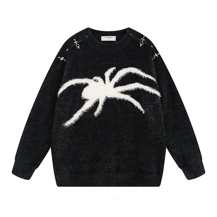 Spider Warm Loose Thickened Sweater Metal Buckle Spider Jacquard Sweater at Hiphopee