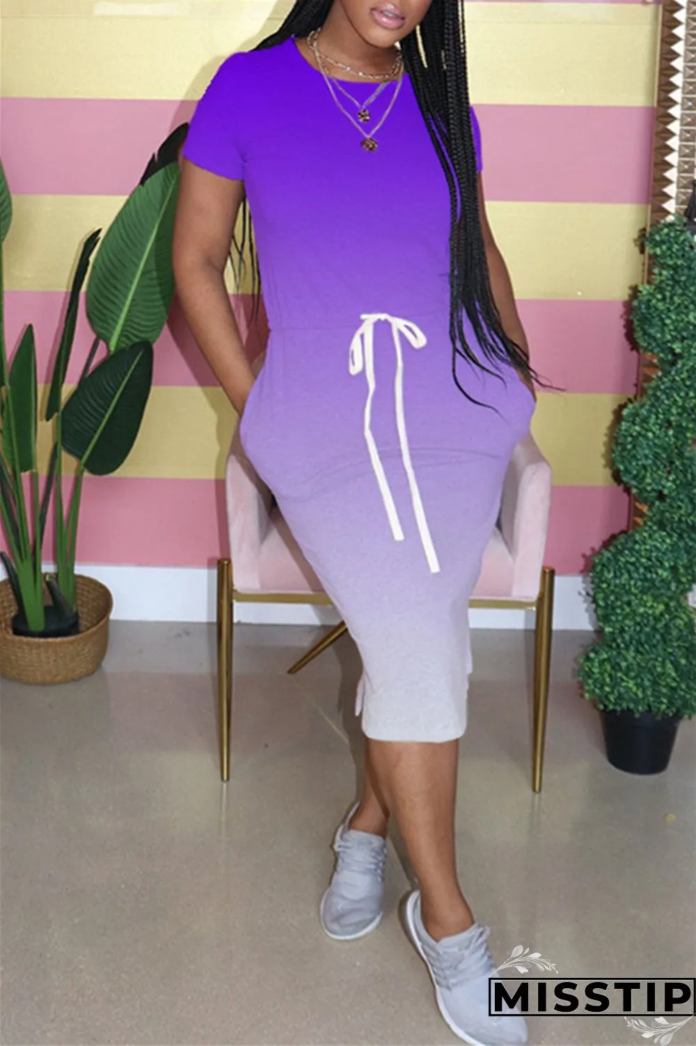 Orange Fashion Gradient Printed Short Sleeve Dress
