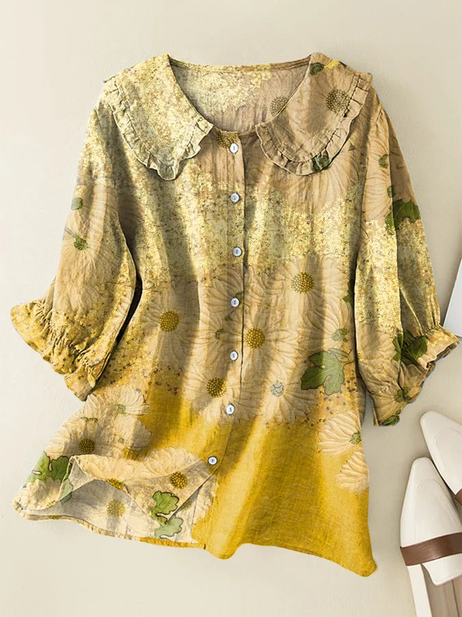 Japanese Chrysanthemum Cotton and Linen Peter Pan Ruffle Collar Shirt