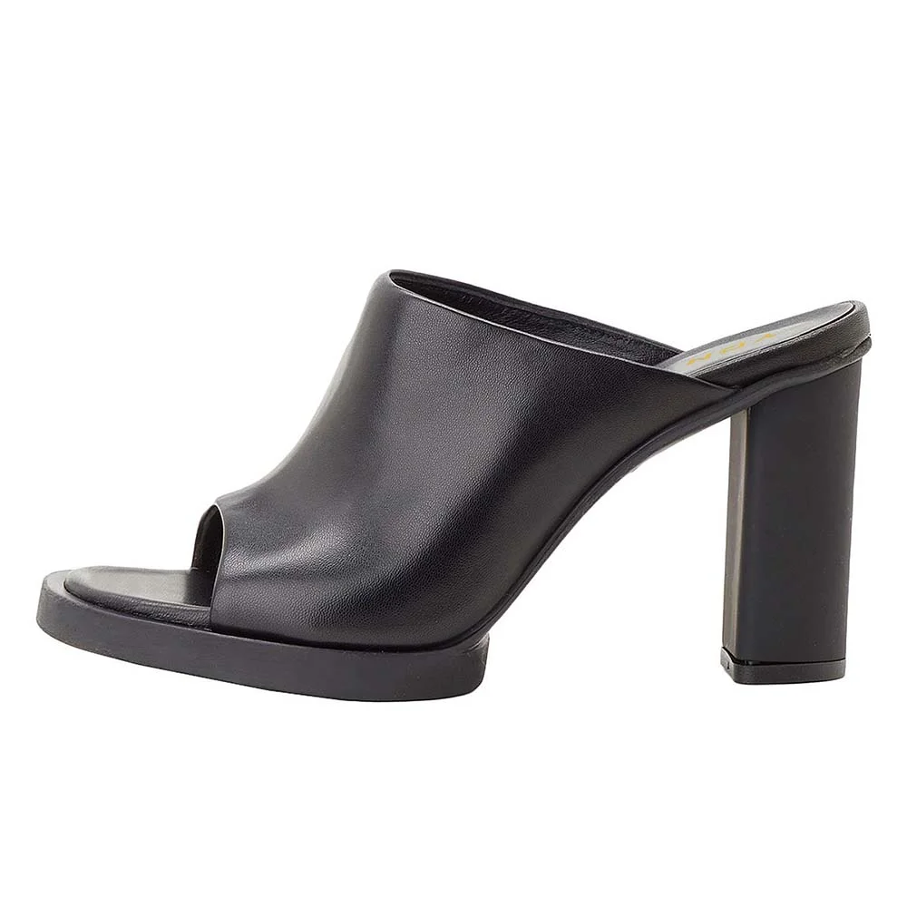 YDN Black Open Round Toe Chunky Heel Classic Mules Sandals