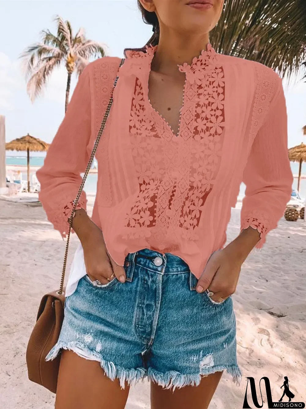 MidiSono - Women's Floral Long Sleeve Floral Printed Lace Tops