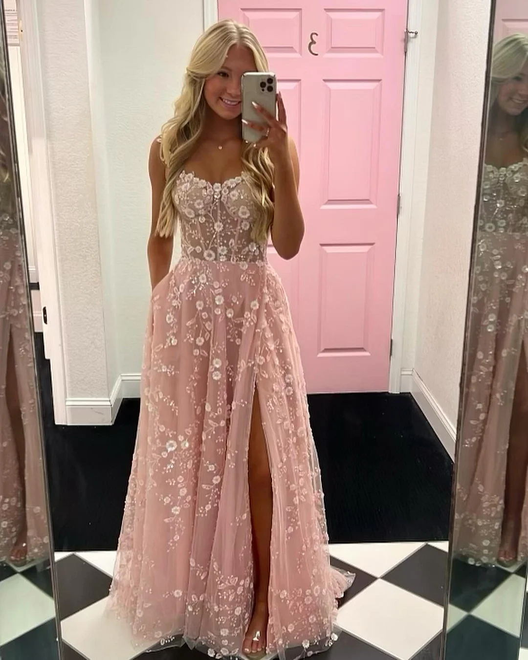 Daisda Glamorous Pink Spaghetti Strap Embroidered Sleeveless Prom Dress