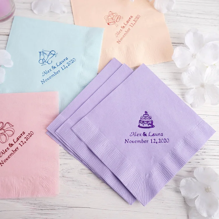 100 Pack Personalized Paper Cocktail Napkins, Custom Wedding Favors With Large Emblem
