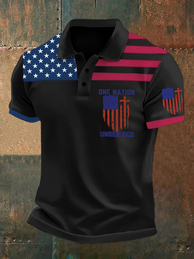 Men's Casual Independence Day Flag One Nation Under God Art Polo Shirt wearshes