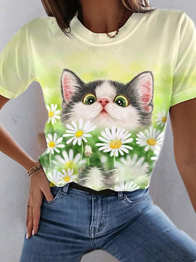 Women's Cat Daisy Print Crew Neck Short Sleeve T-Shirt