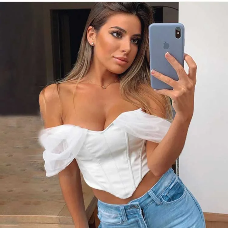 Runway Bardot Mesh Corset Top off-Neck Strapless Sexy Top Women's Summer Puff Sleeve T-shirt