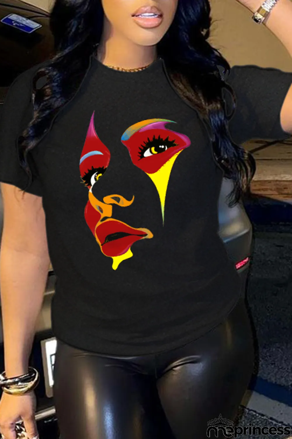 Black Street Print Patchwork O Neck T-Shirts