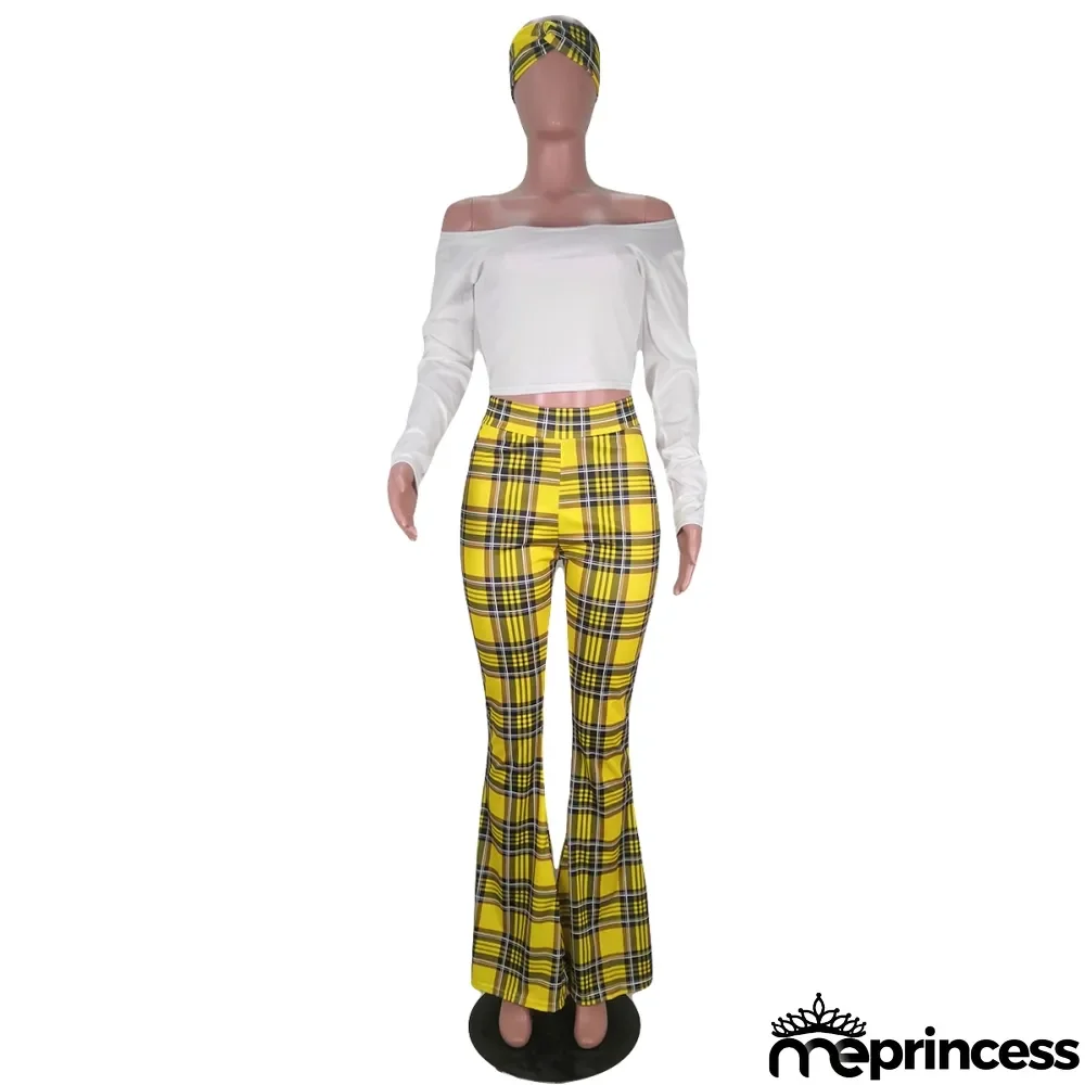 African Three Piece Plaid Flare Pants Set
